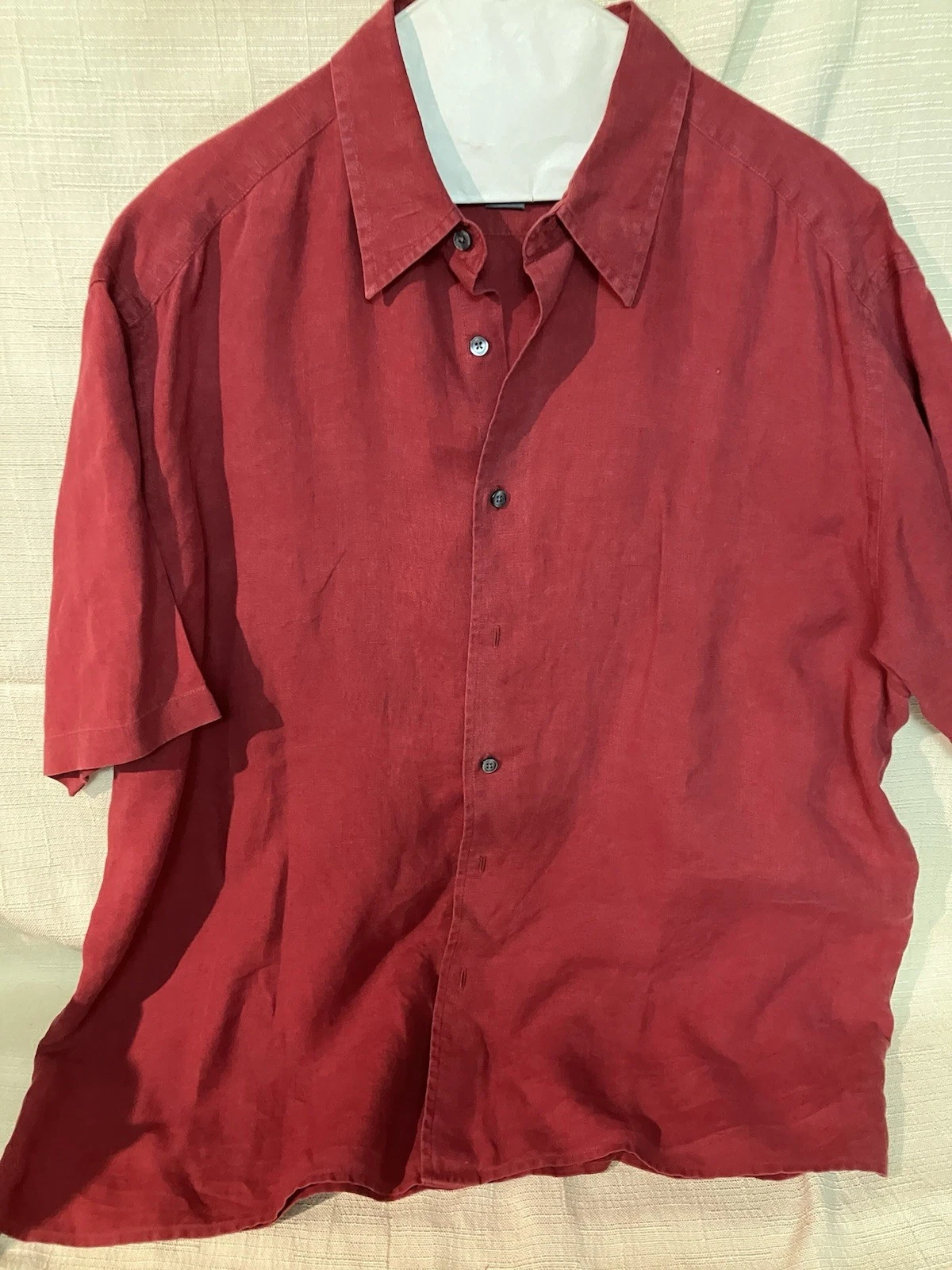 Eddie Bauer Shirt Mens Large Burgundy 100% Linen Short Sleeve Button Up Pockets