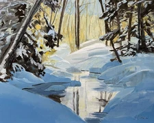 Original Oil Painting Landscape Winter Snowy Icy River Sunlit Trees 8x10 Signed