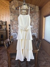 26629 Ieena For Mac Duggal size 6 Midi Ivory Ruffle Belted Dress