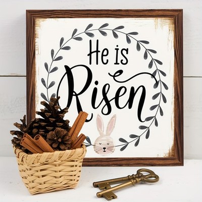 Framed Wooden Plaque Easter He is Risen Bunny Farmhouse Tabletop Decoration Gift