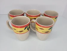 Philippe Richard Country View Rooster Yellow Mugs/Cups Set Of 5 W/Handles 