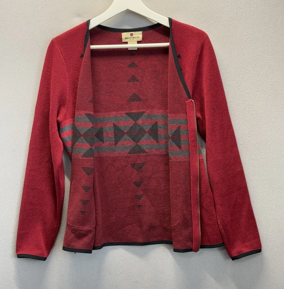 Cárdigan Suéter Vintage Woolrich Para Mujer Talla M Rojo Ramie Suroeste Azteca Cremallera Foto 2 de 4