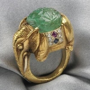 Authentic 18kt Gold Plated Carved Emerald and Gem-set Elephant Ring Antique Jewelry Size 6
