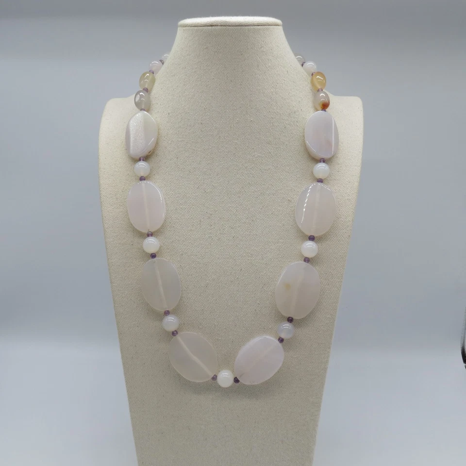 Hermoso collar de cuentas de cuarzo ágata blanca declaración boho 28" Foto 2 de 4