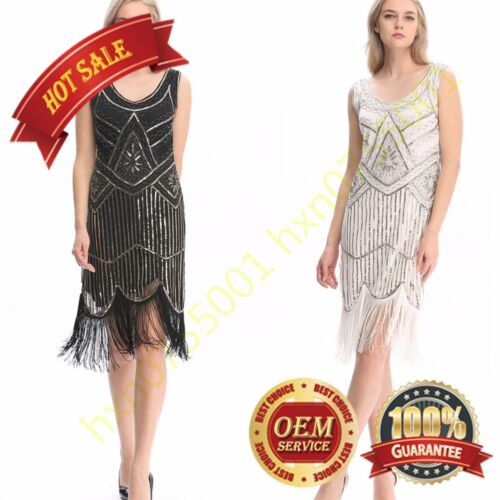 Vintage 1920s Flapper Gatsby Downton Abbey Fringe Beaded Dress Size 8-16 - Afbeelding 1 van 11