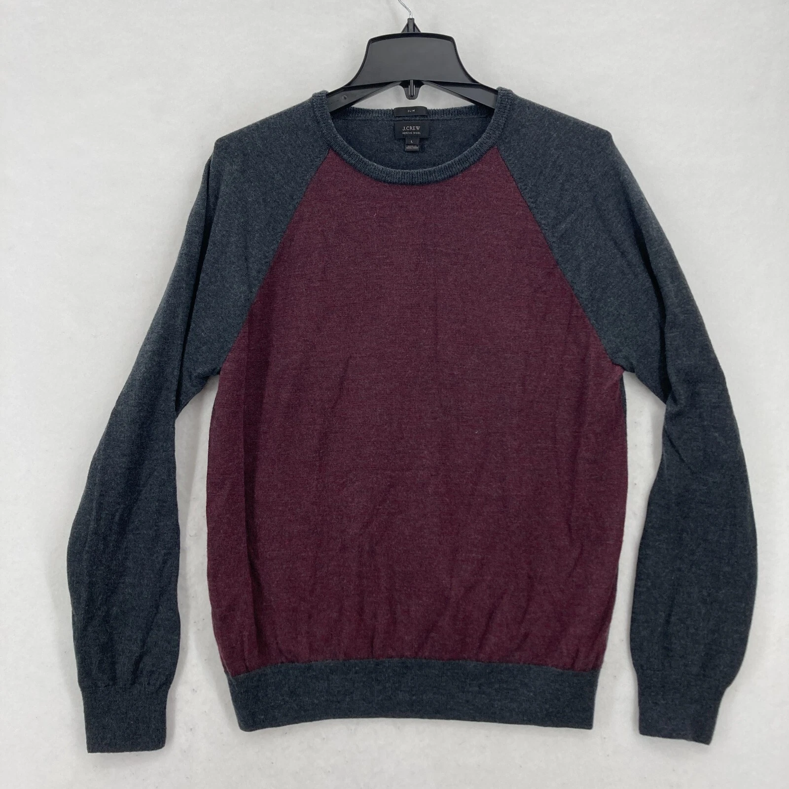 J.Crew Men's L Slim Merino Wool Raglan Sweater Burgundy Charcoal Preppy Casual