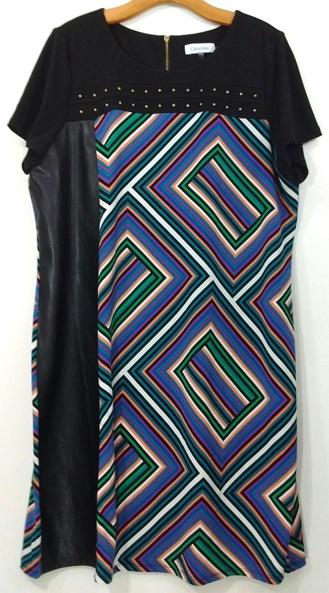 Calvin Klein T-Shirt Shift Dress 0X Geometric Multi-Color Studded Faux  Leather | eBay