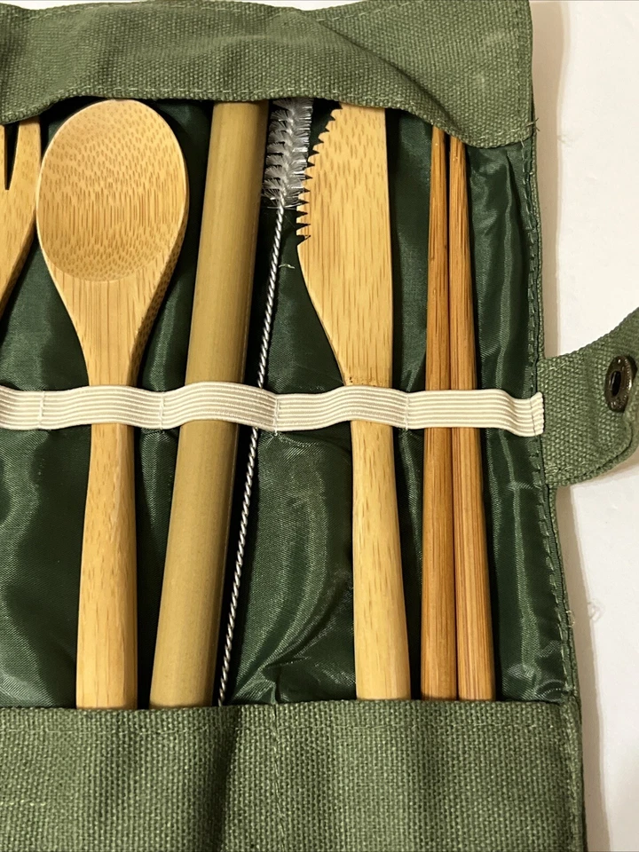 竹制餐具套装 8 件套可重复使用木制用具餐具带帆布盒新品 — 第 3/4 张图片