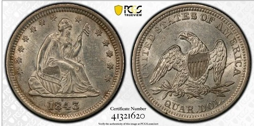 1843 Seated Liberty Quarter PCGS MS61 Lustrous & Well-Struck!!!