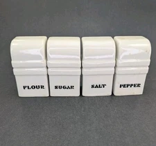 Sugar Pepper Salt Flour 4 Shaker Set Art Deco Stove Range Streamline Ceramic Vtg