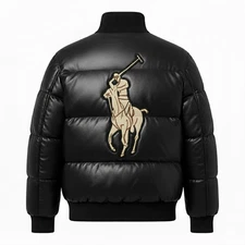 Mens Puffer Bomber Jacket Rib Collar: Genuine Sheepskin Leather, Black | Polo RL