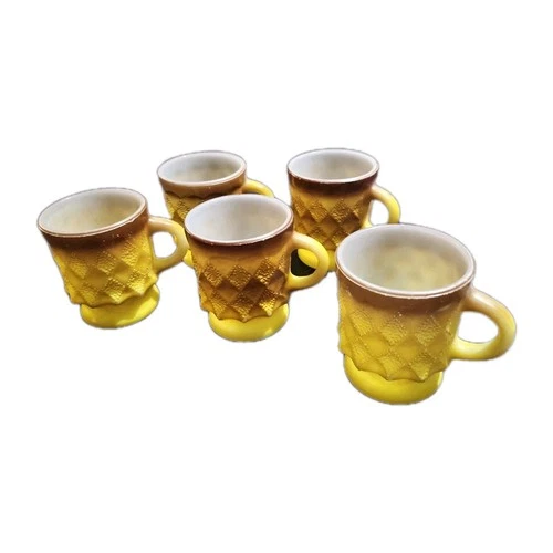Set of 5 Vintage Anchor Hocking Fire King Yellow Brown Kimberly Diamond Mugs