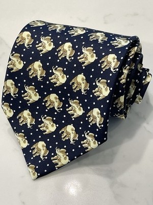 De Amanda Elephants Dark Blue 100% Silk Men's Tie Necktie Handmade 60 x 4