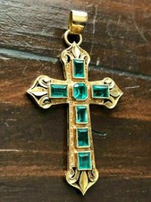 Antique 3Ct Emerald Cut Green Emerald Cross Pendant 14k Yellow Gold Finish