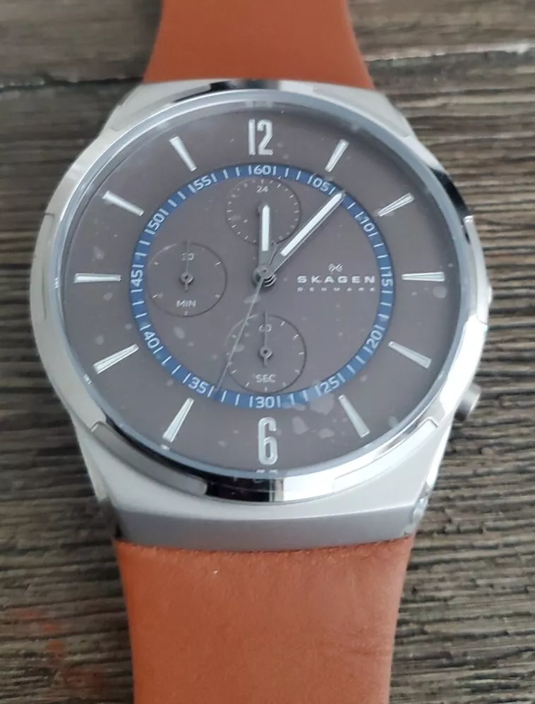 SKAGEN Melbye Mens Chronograph Watch, Gray Blue Dial, Brown Leather Band no  box | eBay