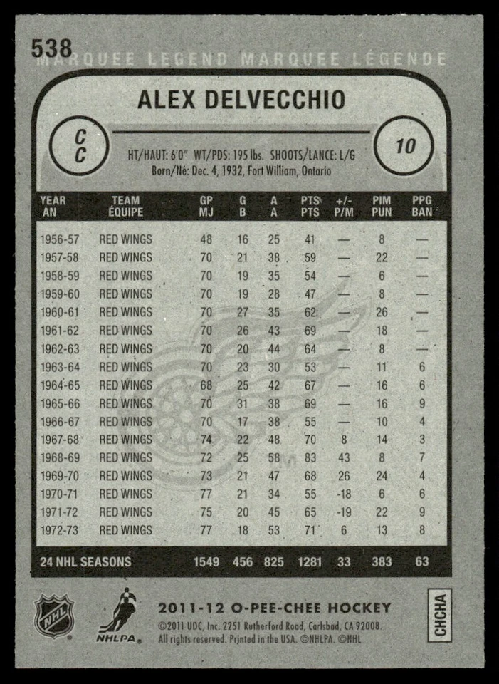 2011-12 O-Pee-Chee MARQUEE LEGEND Alex Delvecchio Detroit Red Wings #538 - Image 2 of 2