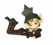 Green Laying Garden Pixie Elf, Ceramic,Big Smiling Mouth Figure,Ivy Leaves