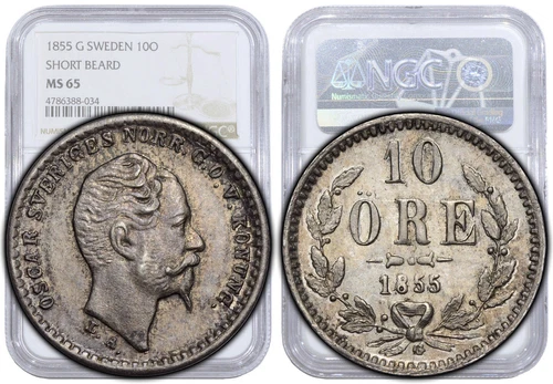 SWEDEN, Oscar I, 10 Ore 1855 G, Top Pop, NGC MS 65