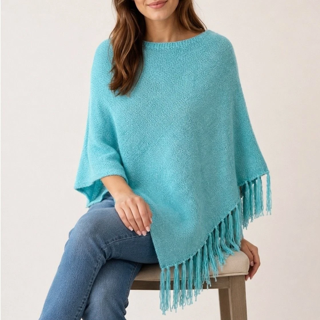 Chicos Aqua Knit Poncho Fringe Mermaid Coastal Grandmother Asymmetric Beach S/M