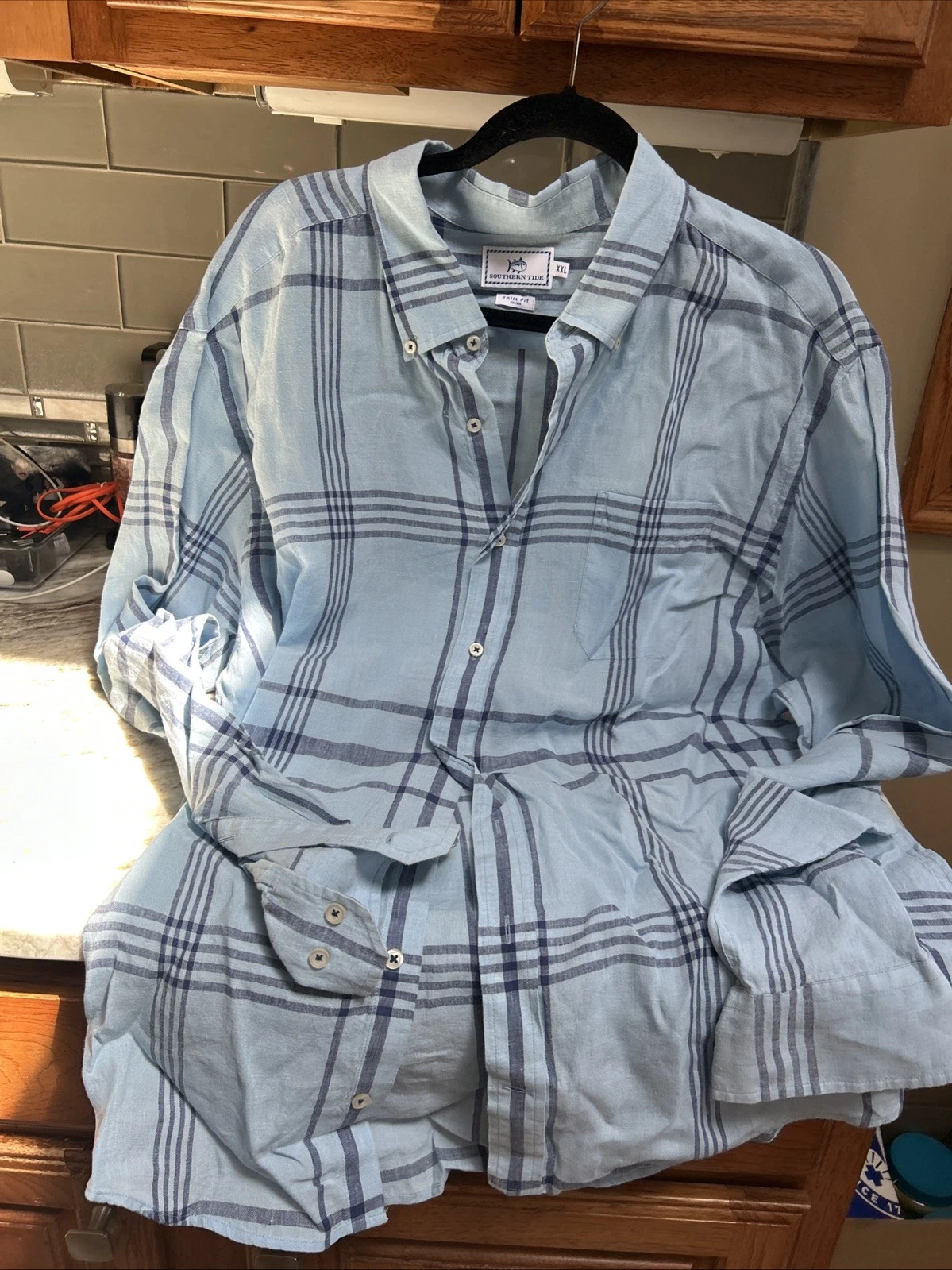 Southern Tide Men's 100% Linen Button Down Shirt XX Large Trim Fit Blue Plaid