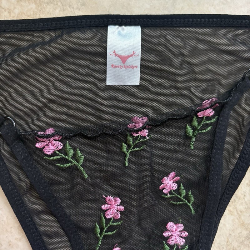 Knotty Knickers Sheer Stretch Mesh Rose Embroidered Bikini Panties S