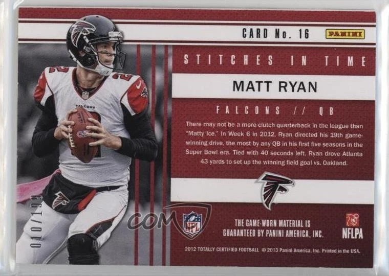 2012 Totally Certified Stitches in Time Materials /199 Matt Ryan #16 - Image 2 of 2