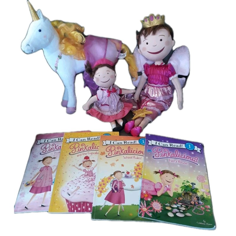 PINKALICIOUS & GOLDILICIOUS STUFFED DOLLS AND 4 BOOKS BY VICTORIA KANN PRELOVED