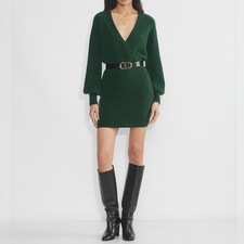 Aritzia Wilfred Elsie Sweater Dress L Wrap Mini Long Sleeve Green Wool Cashmere