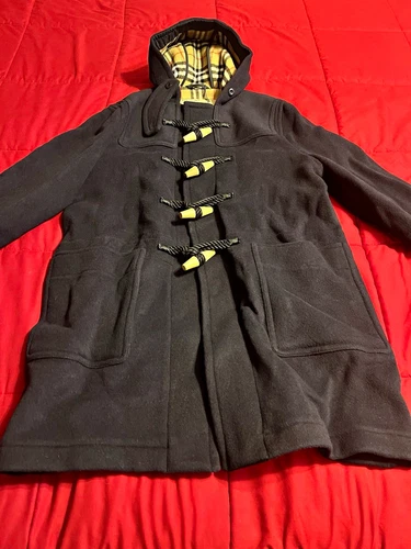 Burberry London England Men’s Navy Wool Blend Hooded Duffle Coat Toggle 56 - product listing photo