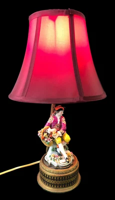 Vintage Sitzendorf style porcelain figurine lamp w/ burgundy shade, works - Image 1 of 4