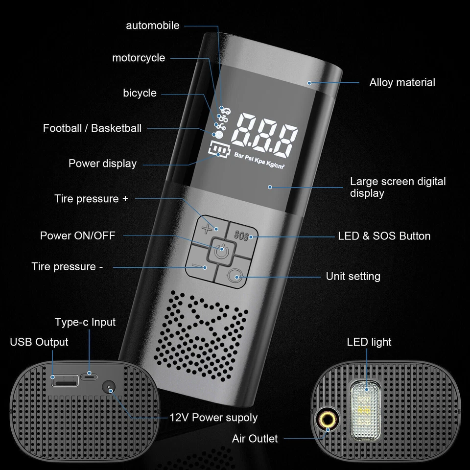 Compresor de Aire Coche Recargable Inalámbrico Inflador de Neumáticos Bomba de Aire Portátil 150 PSI Foto 4 de 4