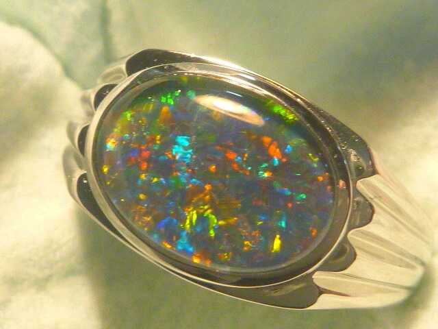 Mens Opal Ring Sterling Silver Natural Opal Triplet. 14x10mm Oval . item 140841