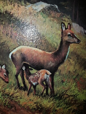 N. Gero Öldruck auf Holz Wald Rehe Kitz Landschaft gerahmt signiert