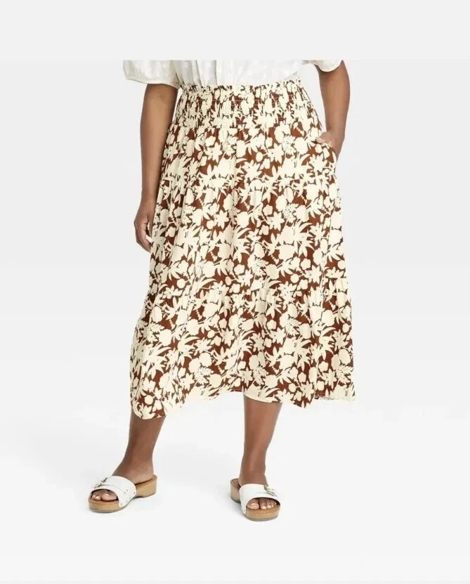 Universal Thread Midi Long Brown Floral Elastic Waist Pockets Plus SZ 4XL Skirt