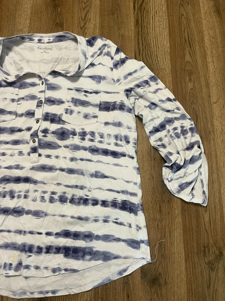 Camisa Relativity, Mujer Talla XL, Azul Blanco, Rayas, Botones 1/4, Manga 3/4 Foto 4 de 4