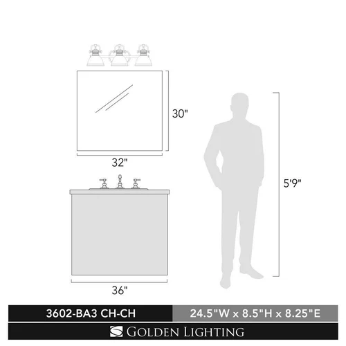 Golden Lighting Duncan 3 Light Bath Vanity Chrome Bath Light 3602-BA3 - Picture 5 of 5