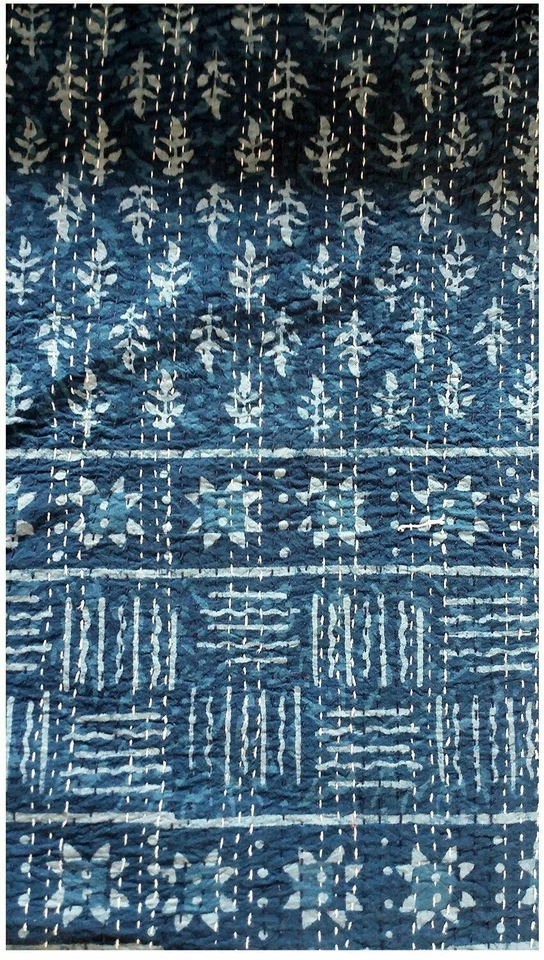 Indian Vintage Hand Block Shibori Print Cotton Indigo Blue Kantha Quilt Jaipuri - Image 2 of 3