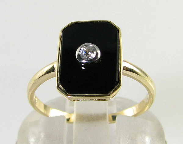 LARGE 9K 9CT GOLD ONYX DIAMOND ART DECO INS MOURNING RING FREE RESIZE - Image 1 of 4