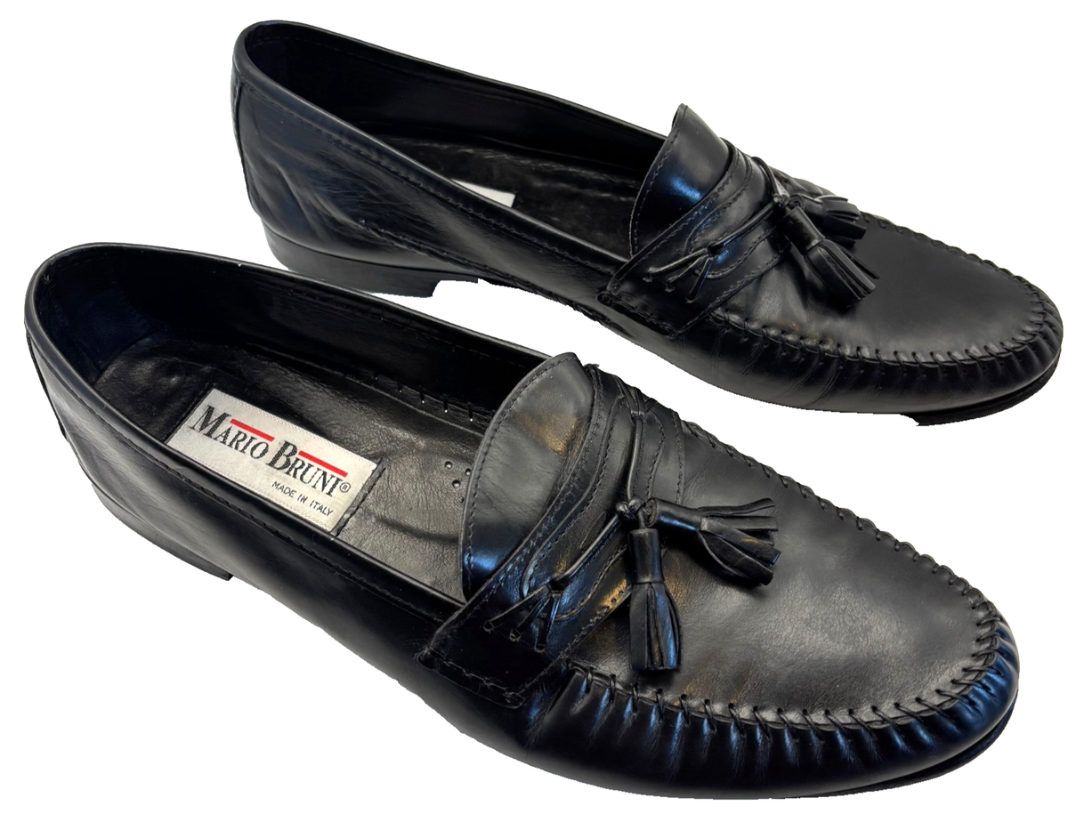 Mario Bruni Italy Tassel Black Leather Loafer Shoes Mens 