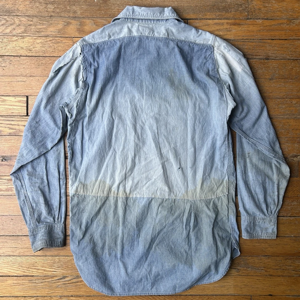 Camisa Hércules Chambray Vintage 1930’s 40’s Manga Larga Envejecida Reparada M/L Foto 4 de 4