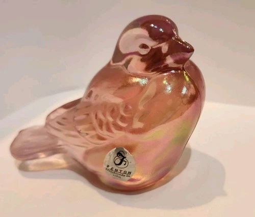 FENTON ART GLASS PINK IRIDESCENT SPARROW SONGBIRD BIRD SILVER LABEL