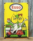 Vintage ESSO Motor Oil Porcelain Metal Sign Oil Drop Boy Girl on Vespa Scooter