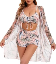 3 Pc Tropical Swim Set Ladies Top 16” P2P Boy Shorts Cover Up Medium Orig $24