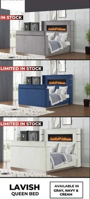 Lavish Modern Style Queen Bed Made with Fireplace in Headboard & TV stand in F