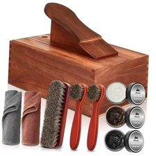 9 Pcs Shoe Shine Valet Box Including 1 Wooden Storage Box, 3 Colors Shoe Dark