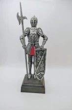 Statue of Medieval Knight in Armor Metal Resin 10" Silver Halberd and Shield