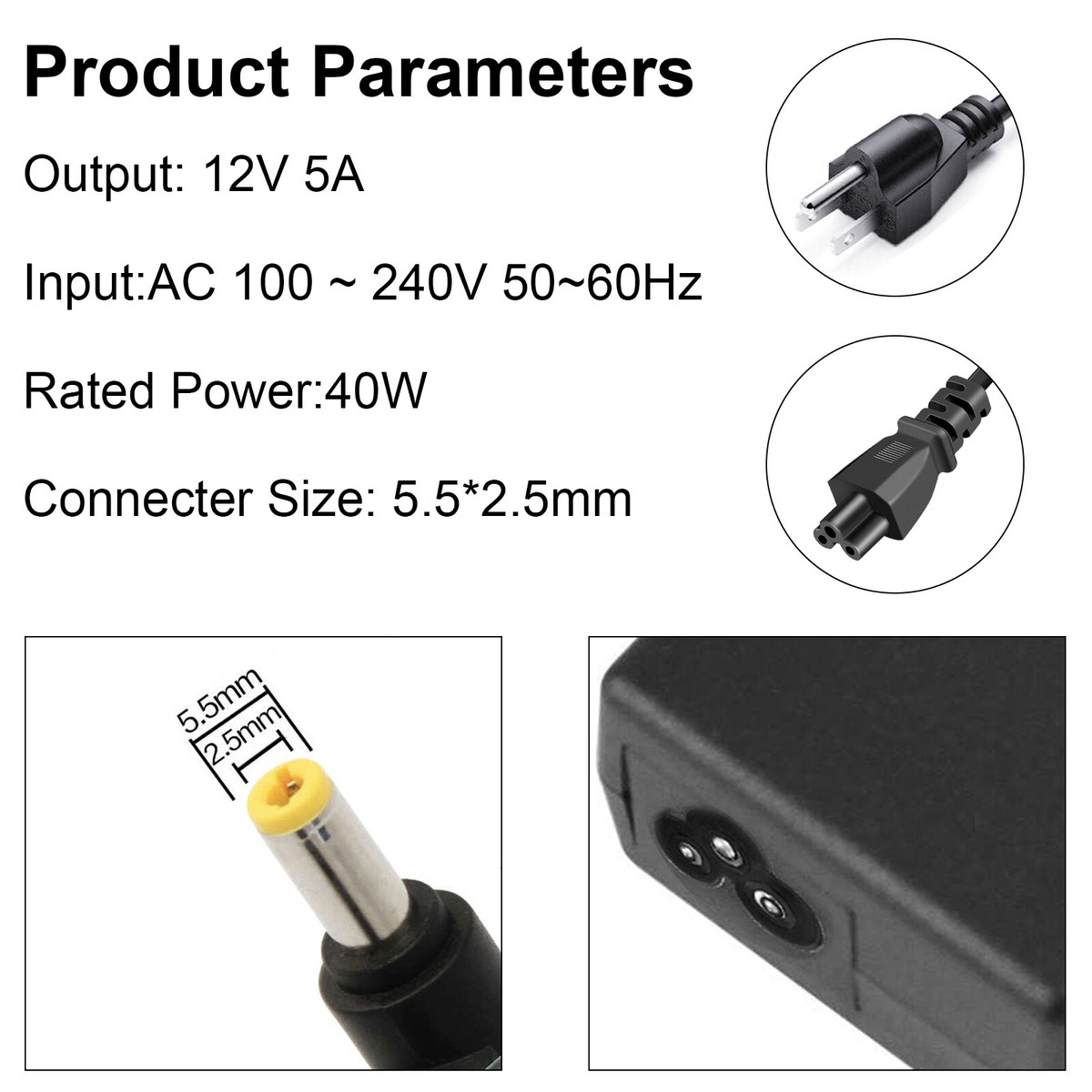 12V 5A AC Adapter Power Supply Charger – For Acer, BenQ, AOC LED LCD Monitors – 5.5x2.5mm Connector – 3 Year Warranty