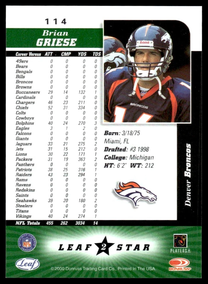 2000 LEAF CERTIFIED 2 STAR GREEN Brian Griese Denver Broncos #114 - Image 2 of 2
