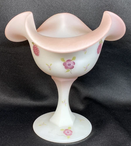 Fenton Art Glass Milk Satin Hand Painted " Berries And Blossoms " Comport 1984