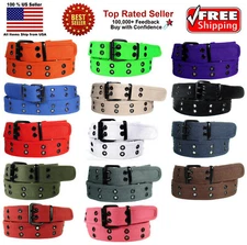 Men Women 1 Hole, 2 Holes Row Grommet Stitched Canvas Fabric Military Web Belt